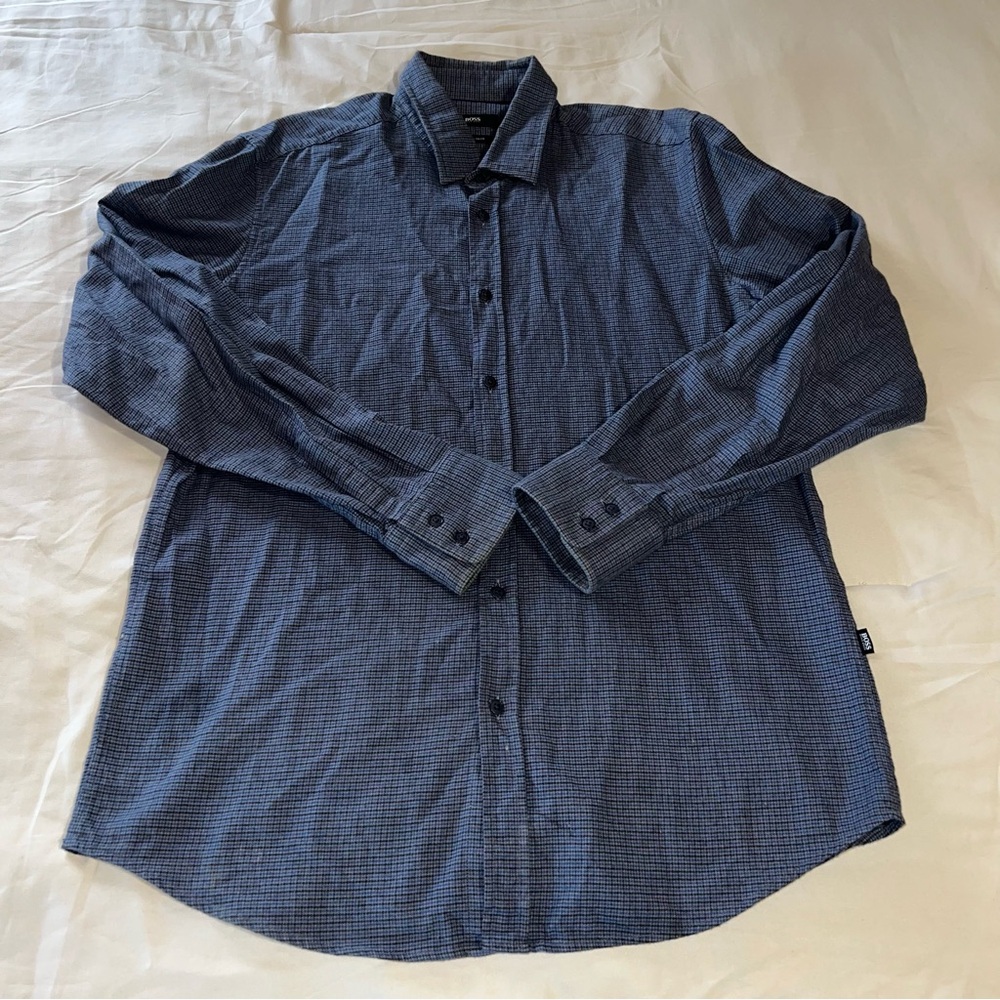 Boss Navy Patterned Casual Button Down Shirt Size… - image 1